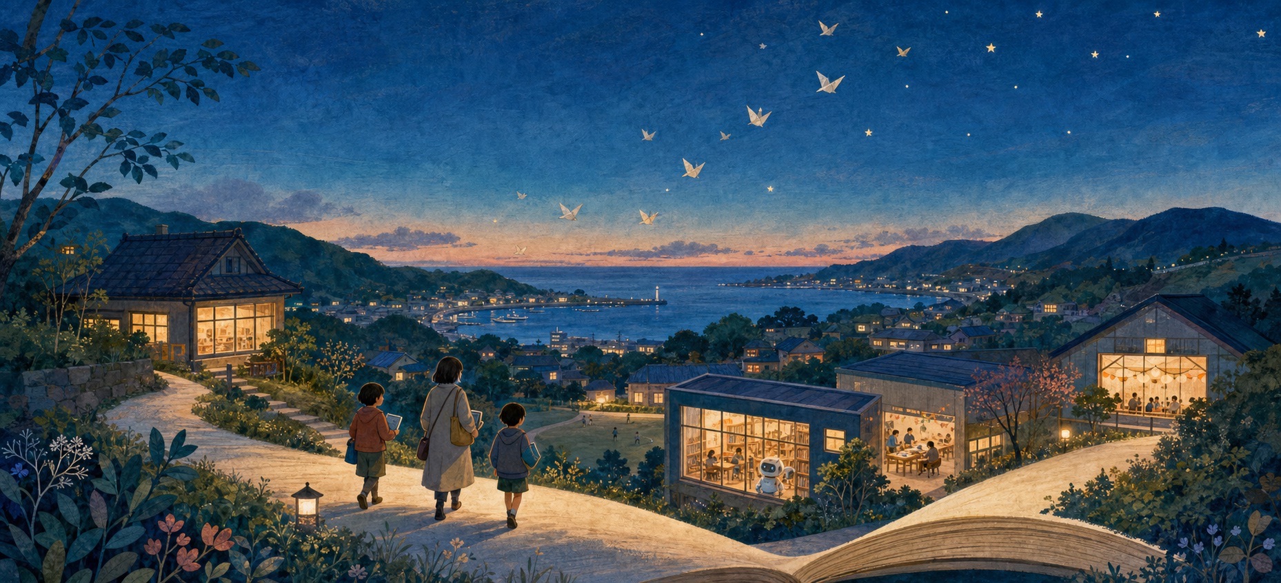 本の道が続く夕暮れの町を親子が歩いて帰るイメージイラスト